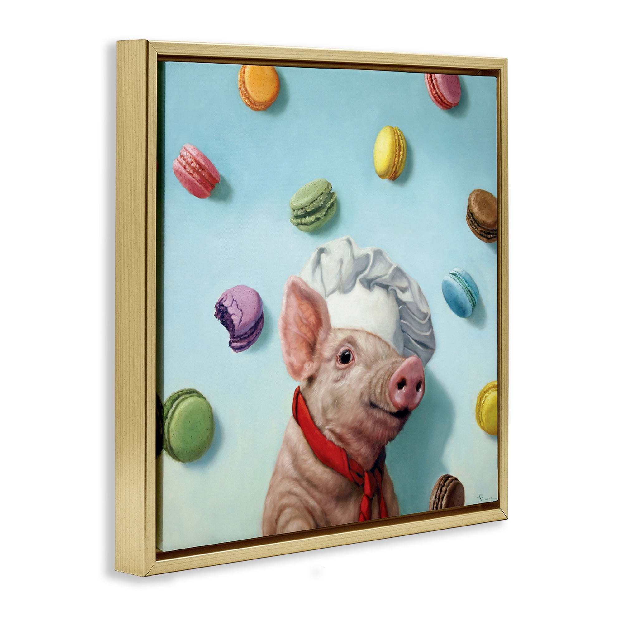 Stupell Industries Pig Chef with Playful Macarons Animals & Insects Painting Gold Floater Framed Canvas Art Print Wall Art, 25 x 25