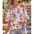 thumbnail image 4 of Blusa con hombros descubiertos para mujer, manga corta, estampado floral, ribete con volantes, correa para el hombro, Top de verano blanco XXL, 4 of 8