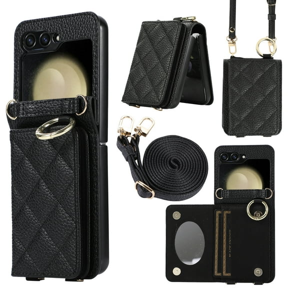 ELEHOLD for Samsung Galaxy Z Flip 6 Case, Luxury PU Leather Ring Kickstand Card Slot Mirror Make Up Zipper Purse Shockproof Cover with Wrist/Shoulder Strap for Samsung Galaxy Z Flip 6,Black