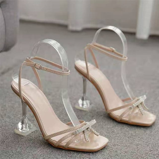 DPTALR Womens Sandals Fashionable Bow Rhinestones Strap High Heel Sandals Shoes