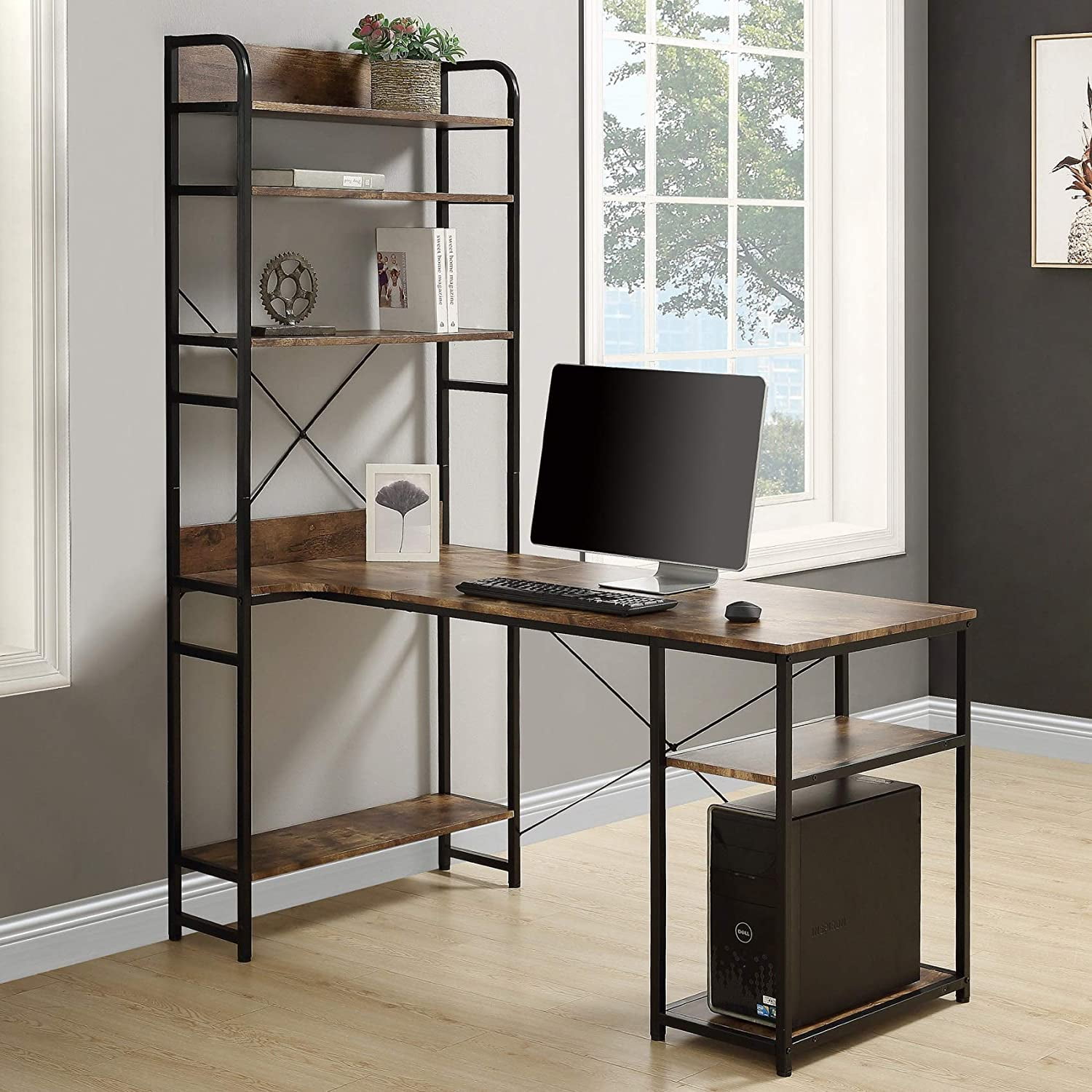 54" Computer Desk with 4 Tier Storage Shelves Large Modern Computer