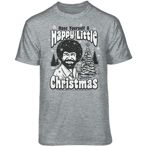 Teelocity Bob Ross Happy Little Christmas Scene Graphic T-Shirt (Small - Standard Fit, Athletic Heather)