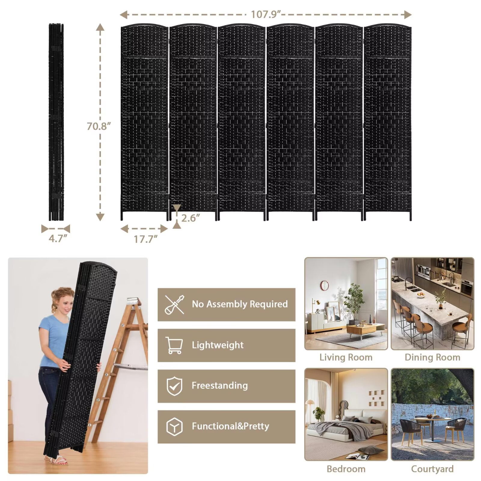YRLLENSDAN 6 Panel Room Dividers Folding Portable, 6 ft Outdoor Indoor Privacy Screen, Temporary Walls for Home Office Restaurant, Black