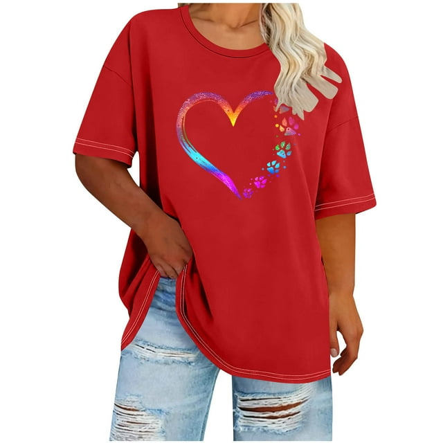 TaTaai T-Shirt à Manches Courtes et Col Rond avec Imprimé Cœur Grande Taille, Couche de Base Printemps Été pour Femmes, Tenue Décontractée Quotidienne, Haut de Mode Longueur Régulière Cadeau