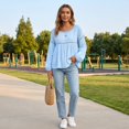 thumbnail image 4 of Women's Solid Color Round Neck Lace Patchwork Blouse, Long Sleeve Hollow Out Casual Shirt, Loose Fit Eyelet Top for Daily Office Holiday Wear 03-Sky Blue S, 4 of 5