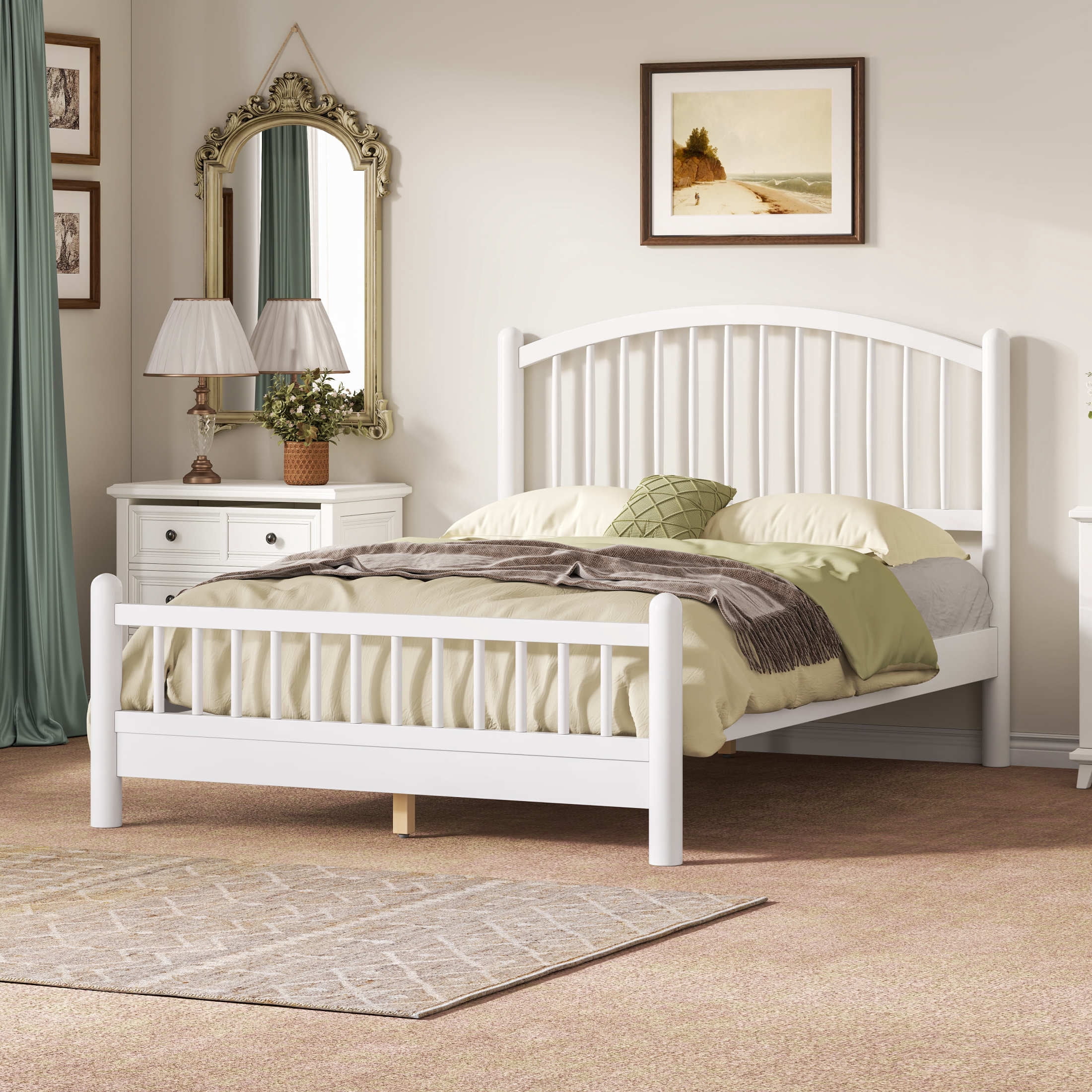 Noble House Alaric Full Wood Platform Bed Frame, Arched Spindle Headboard, Noise-Free Foundation, White