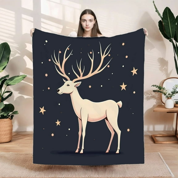 Cozy Flannel Blanket with Whimsical Deer and Starry Night Design - Soft Warm Perfect for Sofa Travel Bed or Chair