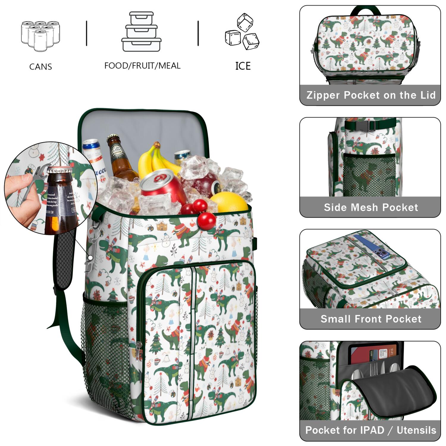 Travel Cooler Bag - Green Dinosaurs Christmas Pattern Camping Beer Cooler Backpack with Bottle Opener- Waterproof Insulated Picnic Backpacks - Cooler Bag for Beach