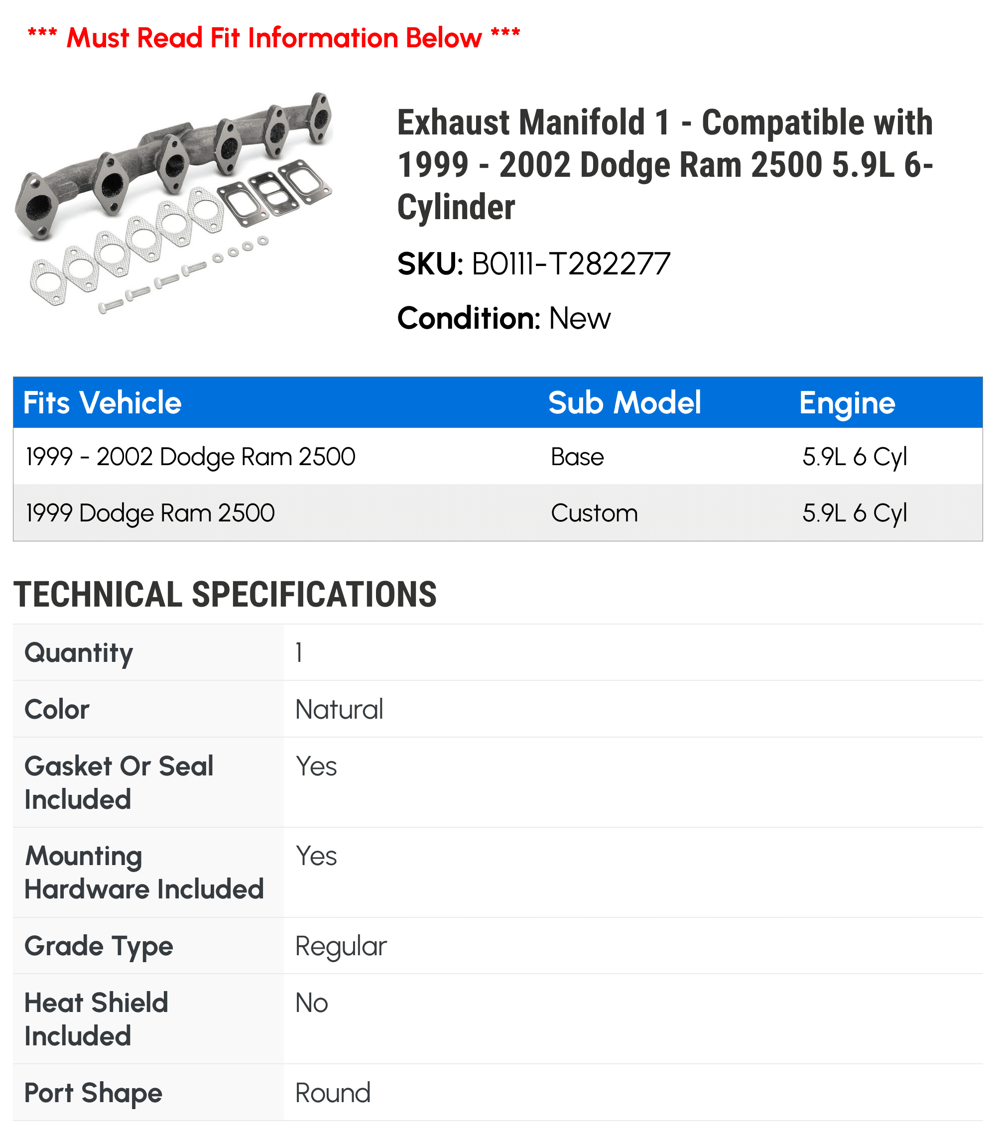 Exhaust Manifold 1 - Compatible with 1999 - 2002 Dodge Ram 2500 5.9L 6-Cylinder - Autopart Premium