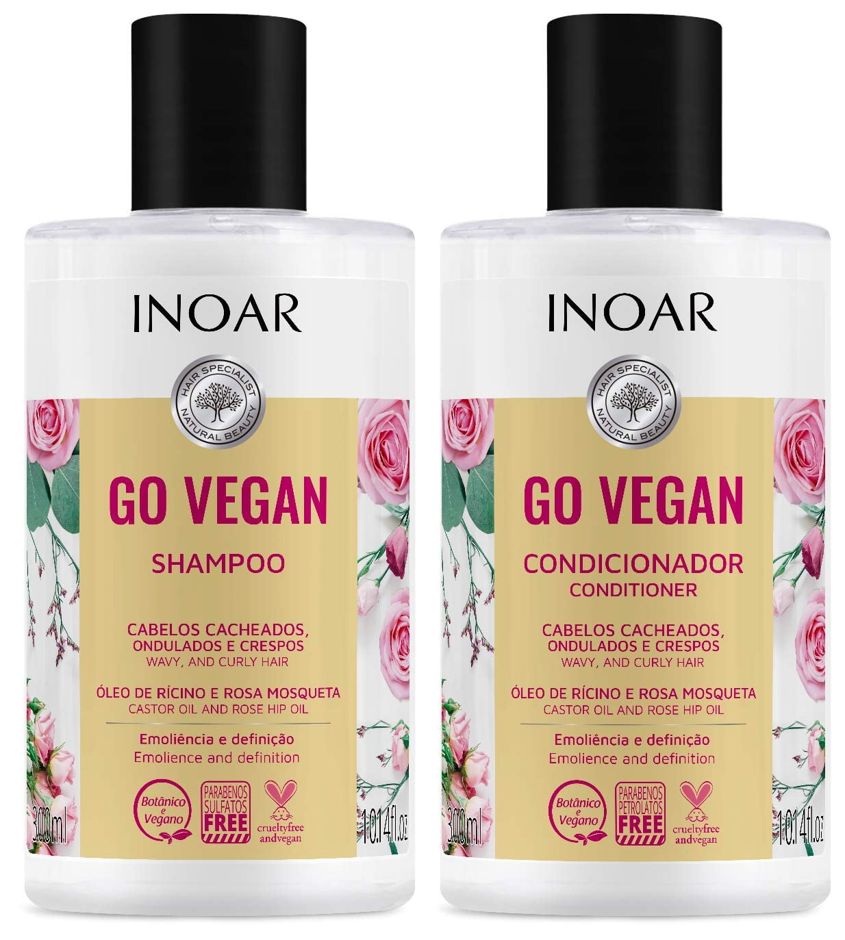 INOAR PROFESSIONAL - Go Vegan Wavy and Curly Hair Cachos Shampoo & Conditioner Set with Castor and Rosehip Oil (300ml/each)