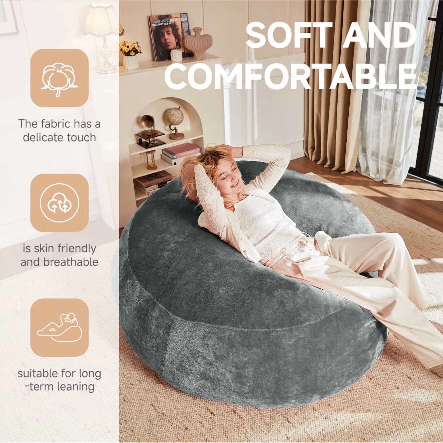 6FT Bean Bag Chair for Adults & Kids -Plush Lounger Memory Foam Lazy Round Sofa,Gray