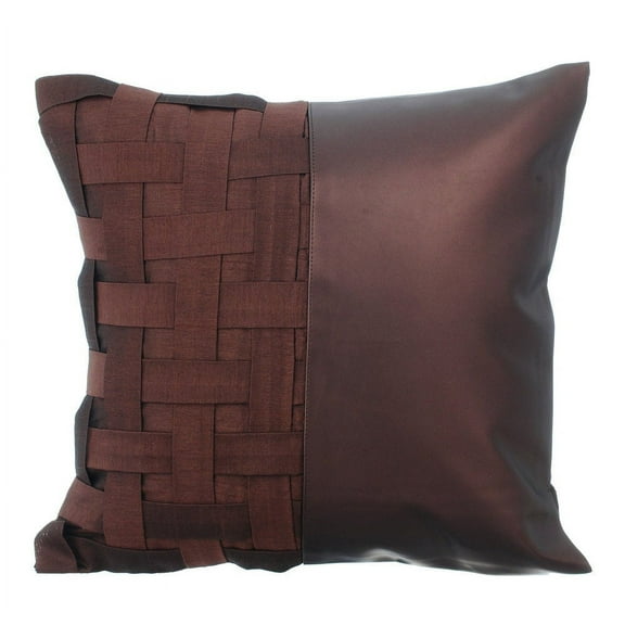 Cushion Covers, Brown Zippered Toss Pillow Covers 16x16 inch (40x40 cm), Silk Pillow Covers, Patchwork, Matte Faux Leather, Modern Designer Throw Pillow Covers - Brown N Half