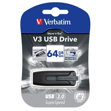 Verbatim Store 'n' Go V3 64 GB USB 3.0 Flash Drive - Black, Gray - External Verbatim Store 'n' Go V3 64 GB USB 3.0 Flash Drive - Black, Gray - External