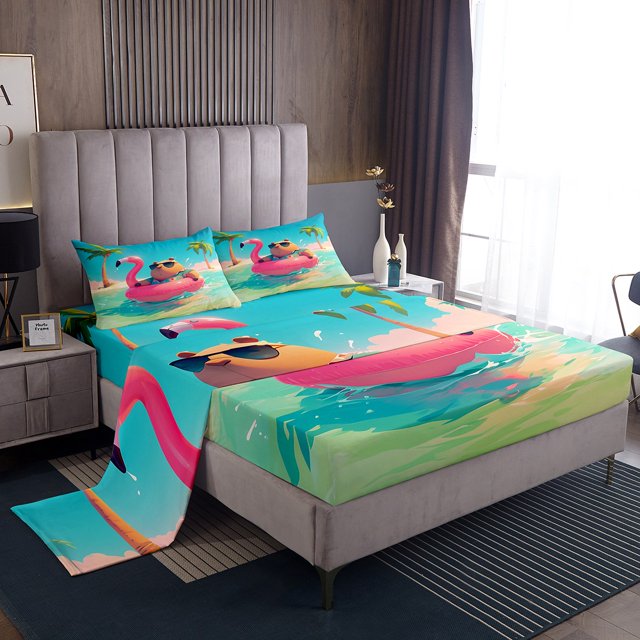Erosebridal Capybara Animal Sheet Set Twin, Ocean Swimming Bedding Sets Twin Size, Hawaii Beach Decor 3pcs