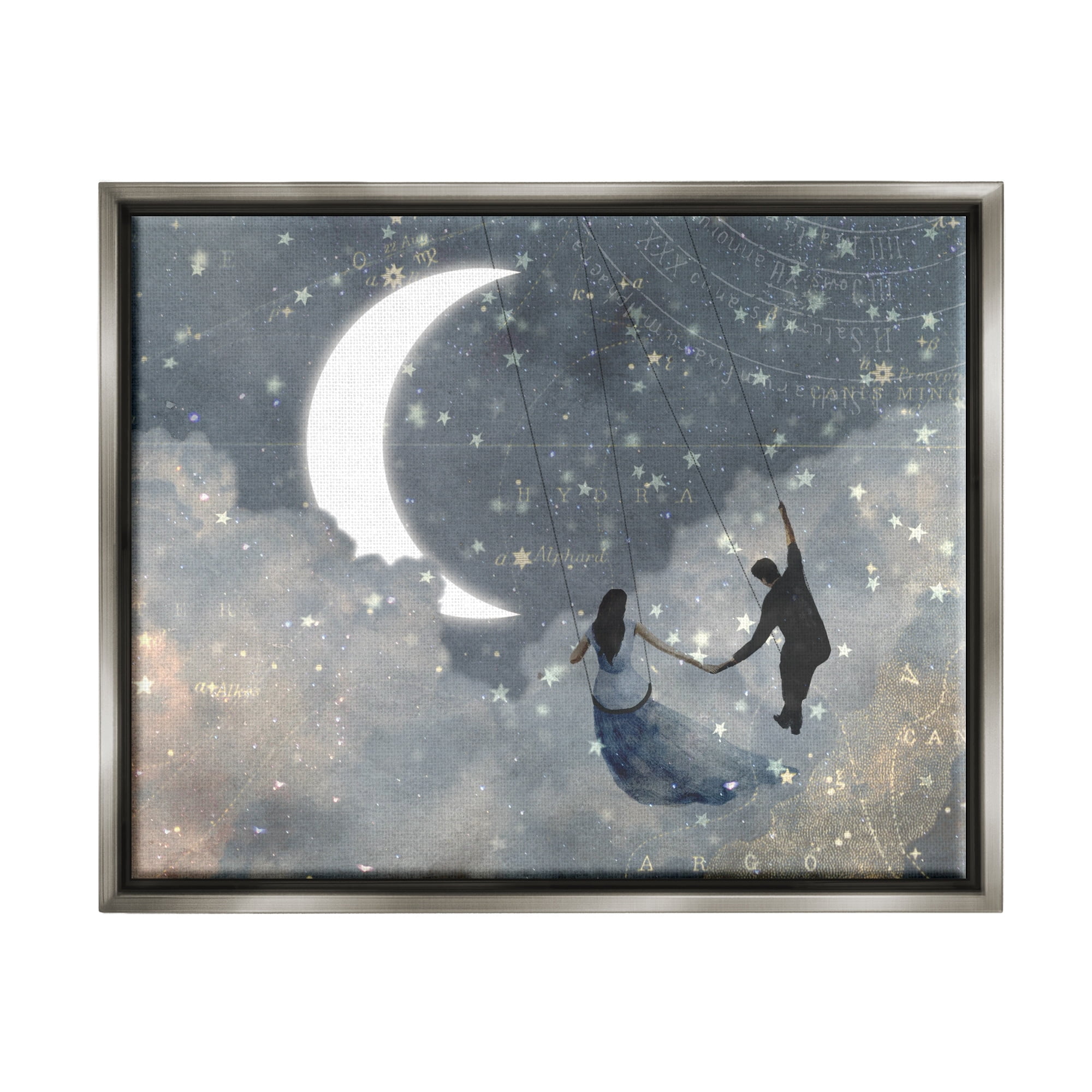 Stupell Industries Grey and Blue Celestial Love Sky Swinging by the Crescent Moon and Stars Luster Gray Framed Floating Canvas Wall Art, 24x30, by Victoria Borges