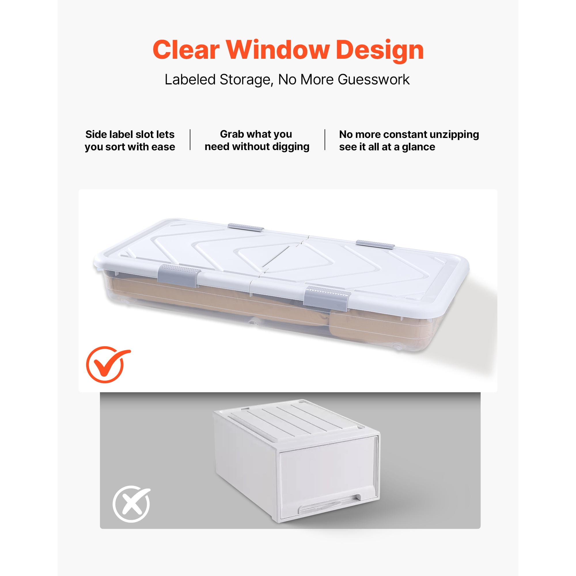 KFFKFF Under Bed Storage with Wheels, 31.7 x 15.6 x 6.9 inch Containers, Shoe Organizer with Lid & Gray Latch, Rolling Storage Bins for Clothes, Shoes, and Blankets, Set of 4