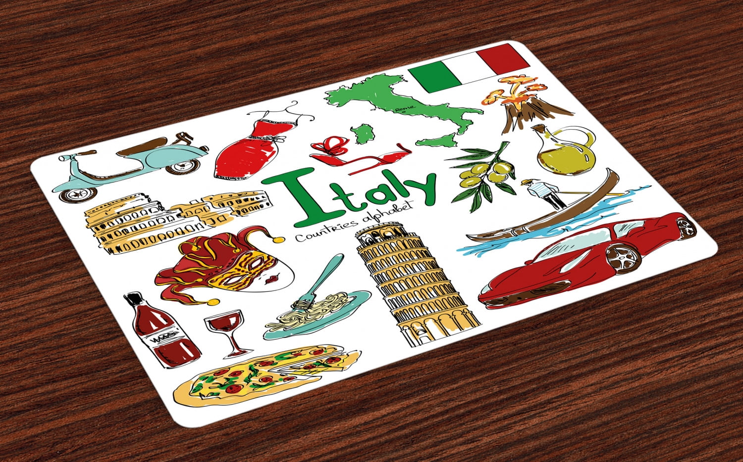 Italy Placemats Set of 4 Fun Colorful Sketch Collection Italy Icons