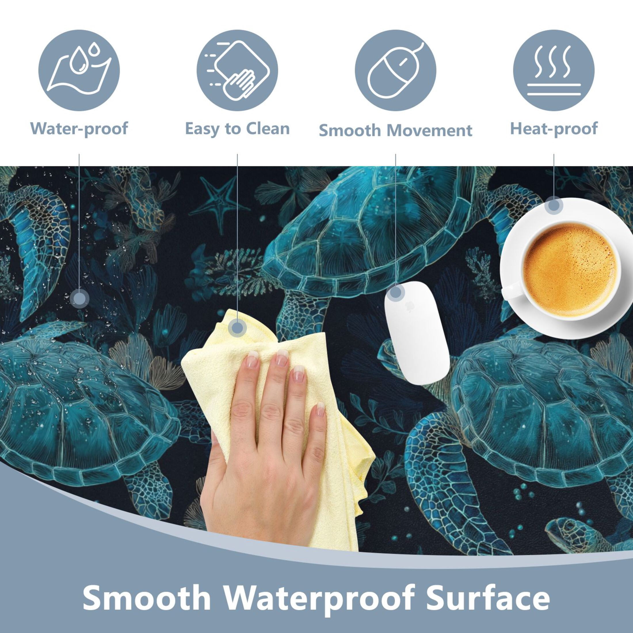 Leather Desk Pad Protector Mouse Pad Laptop Desk Mat Non-Slip Waterproof for Office and Home Green Sea Turtles Pattern