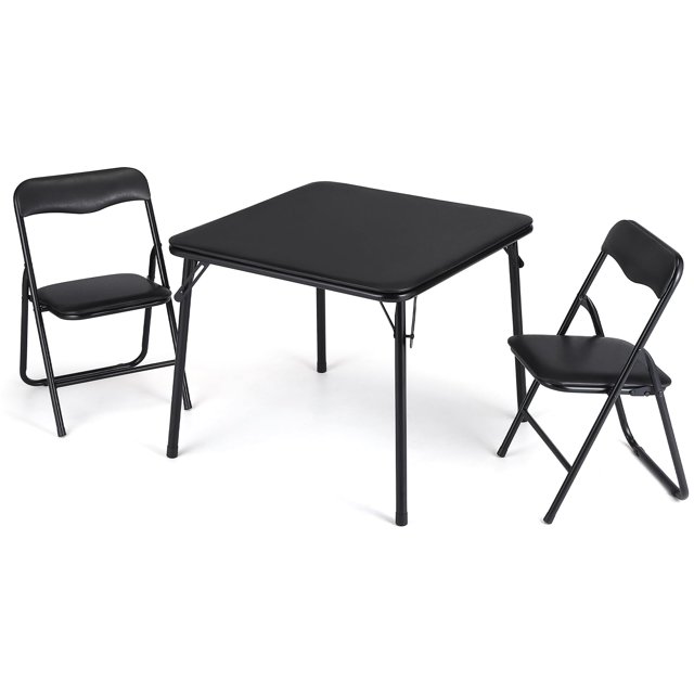 Folding Card Table and Chair Set of 3, Upholstered Foldable Table and Chair Set, Portable Metal Frame Children's Activity Table and Chairs Set for Eating, Reading, Playing, Black