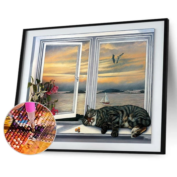 Cuadros Decorativos 5D Kit DIY Cat By The Window Pintura de diamante de taladro redondo completo (sz1077) DQrwqpou Nuevos Originales