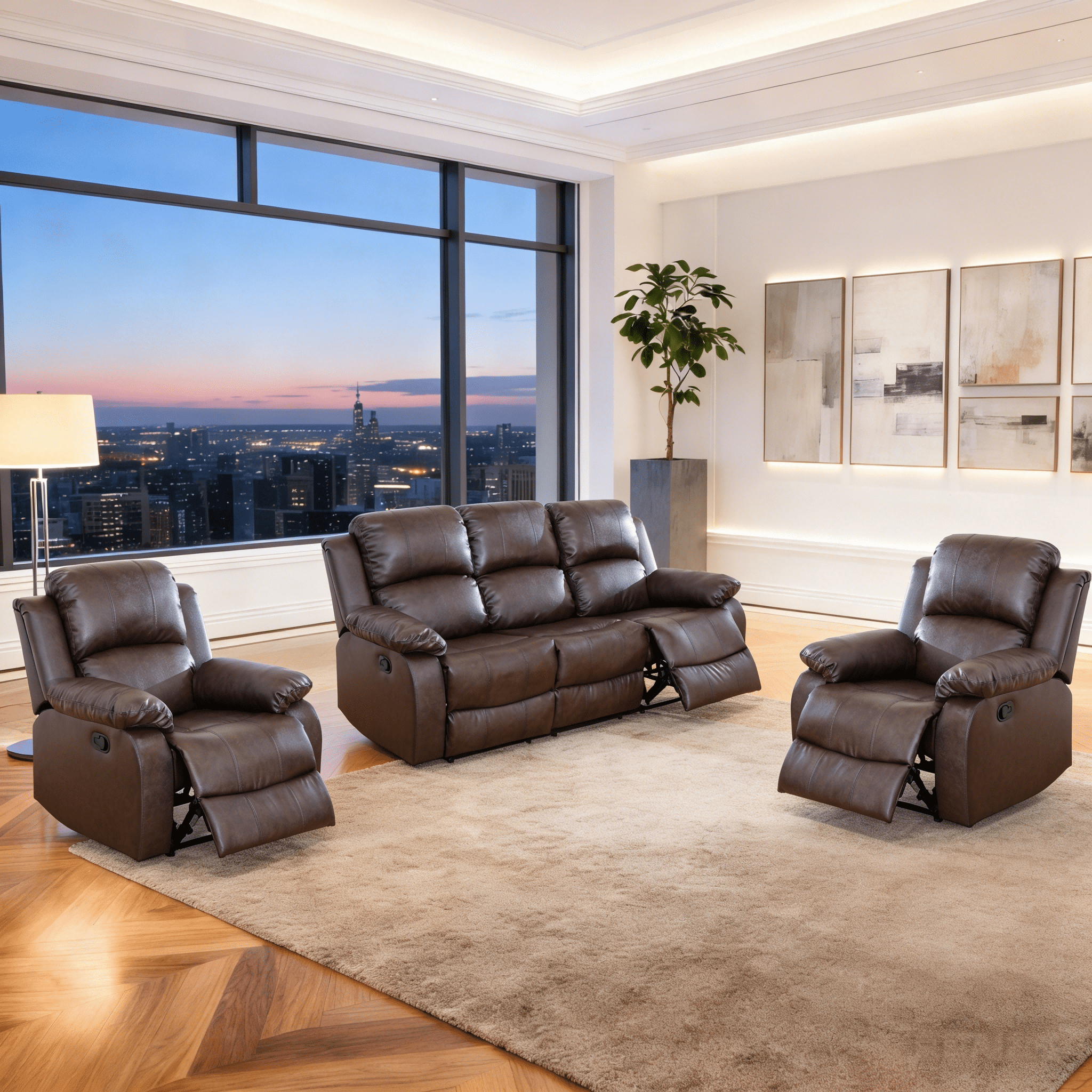 Gewnee 3-Seater Sofa with Two Recliners, Air Leather & High-Elastic Sponge, Adjustable Backrest Angle, Ideal for Living Room, Brown