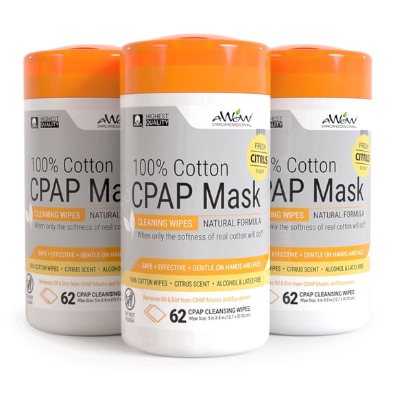 AWOW Professional CPAP Mask Wipes, Citrus Scented 100% Cotton Cleaning Wipes for CPAP Masks & Equipment, 62 Count Each, 3 Pack