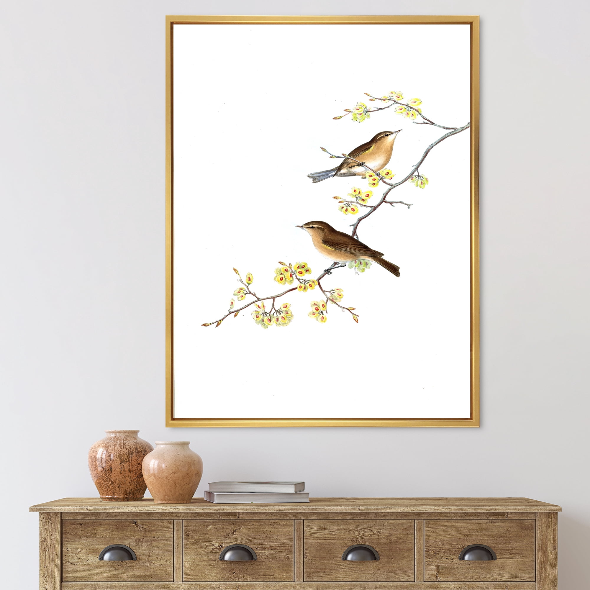Designart 'Little Birds Sitting On The Tree Branches II' Traditional Framed Canvas Wall Art Print