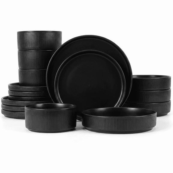 Vesteel 16 Pieces Dinnerware Set for 4, Premium Stoneware Ribbed Dishes, Chip & Scratch Resistant Plates and Bowls Set for Home Restaurant, Microwave and Dishwasher Safe - Matte Black