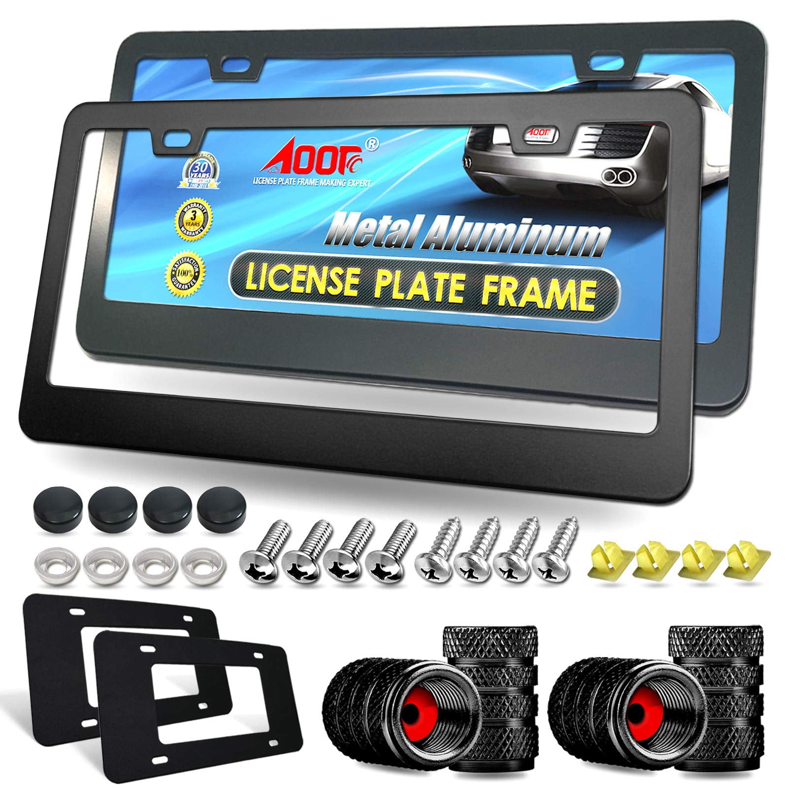 Aootf License Plate Frames Matte Black Aluminum Car Tag Cover, 2 Pack