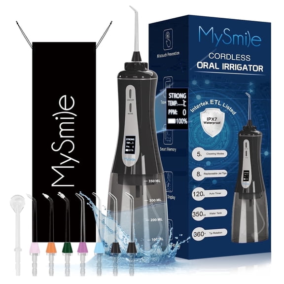 MySmile LP201 OLED Cordless Water Flosser for Teeth Braces, Gums, Dental Electric Power Flosser, Portable Oral Irrigator, 5 Modes, 8 Jet Tips,350ml, Black