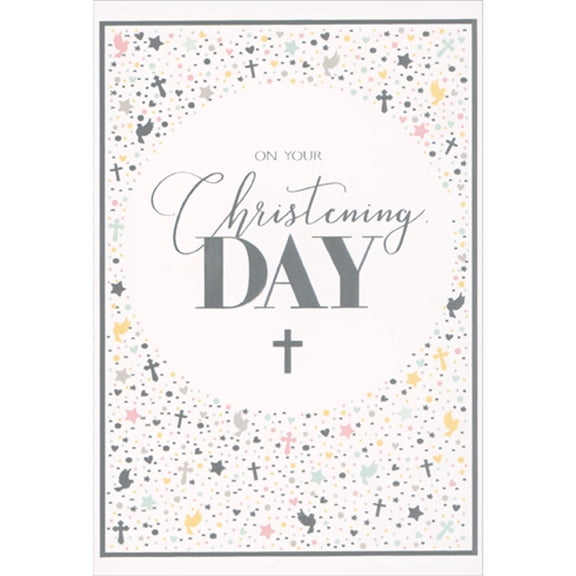 Pictura On Your Christening Day: Silver, Yellow, Blue, and Pink Baptism Symbols Border Congratulations Christening Card