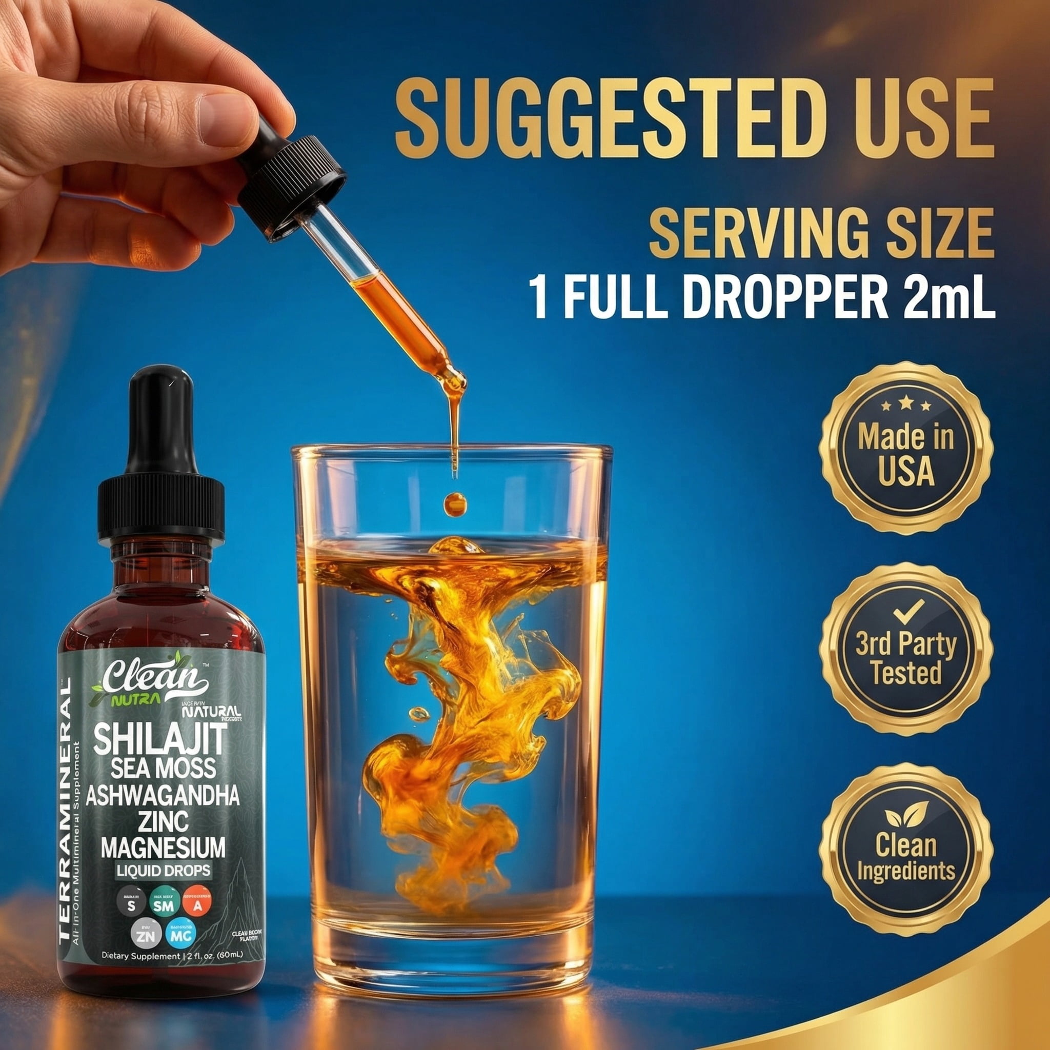 Clean Nutra Terra Mineral Shilajit Liquid Drops with Sea Moss, Ashwagandha, Zinc and Magnesium - Liquid Vitamins for Women and Men