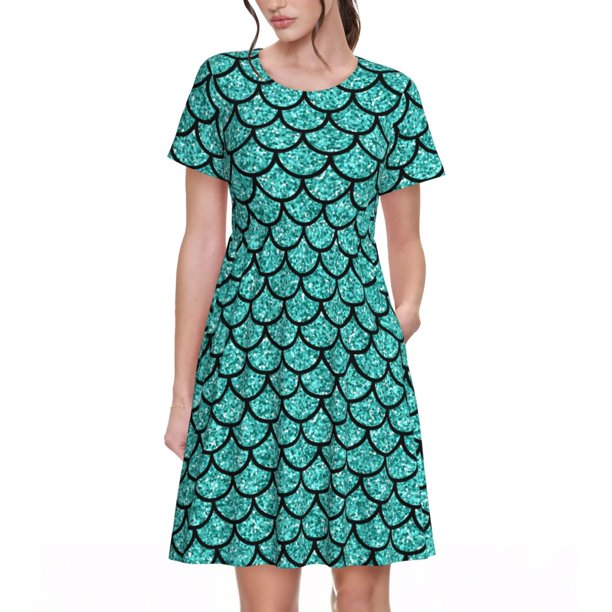Easygdp Aquamarine Glitter para Vestido Transpirable de Mujer, Vestido Suelto de Manga Corta con Pliegues y Bolsillos para el Verano