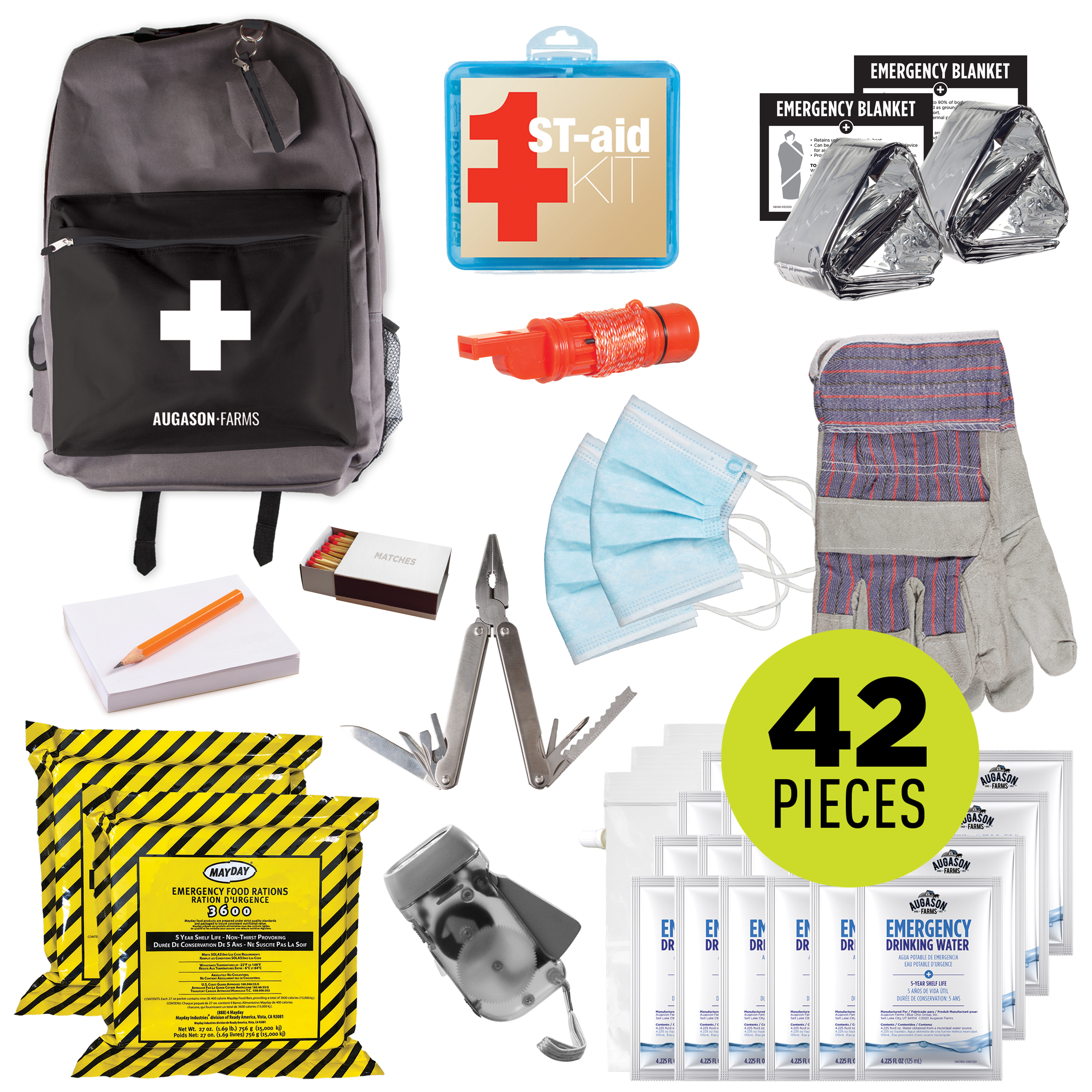 Augason Farms Survival pack Emergency Kit, 72 Hours, 2 Person, 42 Pieces, Batteries Included, 14 lbs
