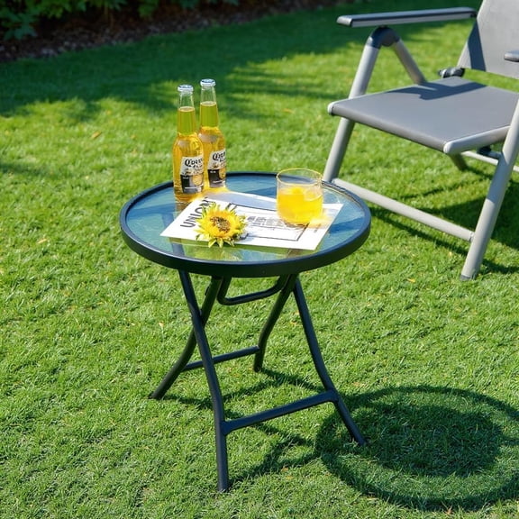 Topcobe Patio Side Table with Tempered Glass Tabletop, Outdoor Patio Furniture
