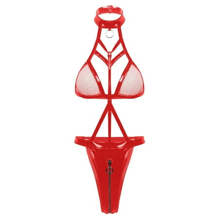 Generic New Sexy Suit Sexy Women s Patent Leather Mesh Three-Point Rope One-Piece Sexy Lingerie
