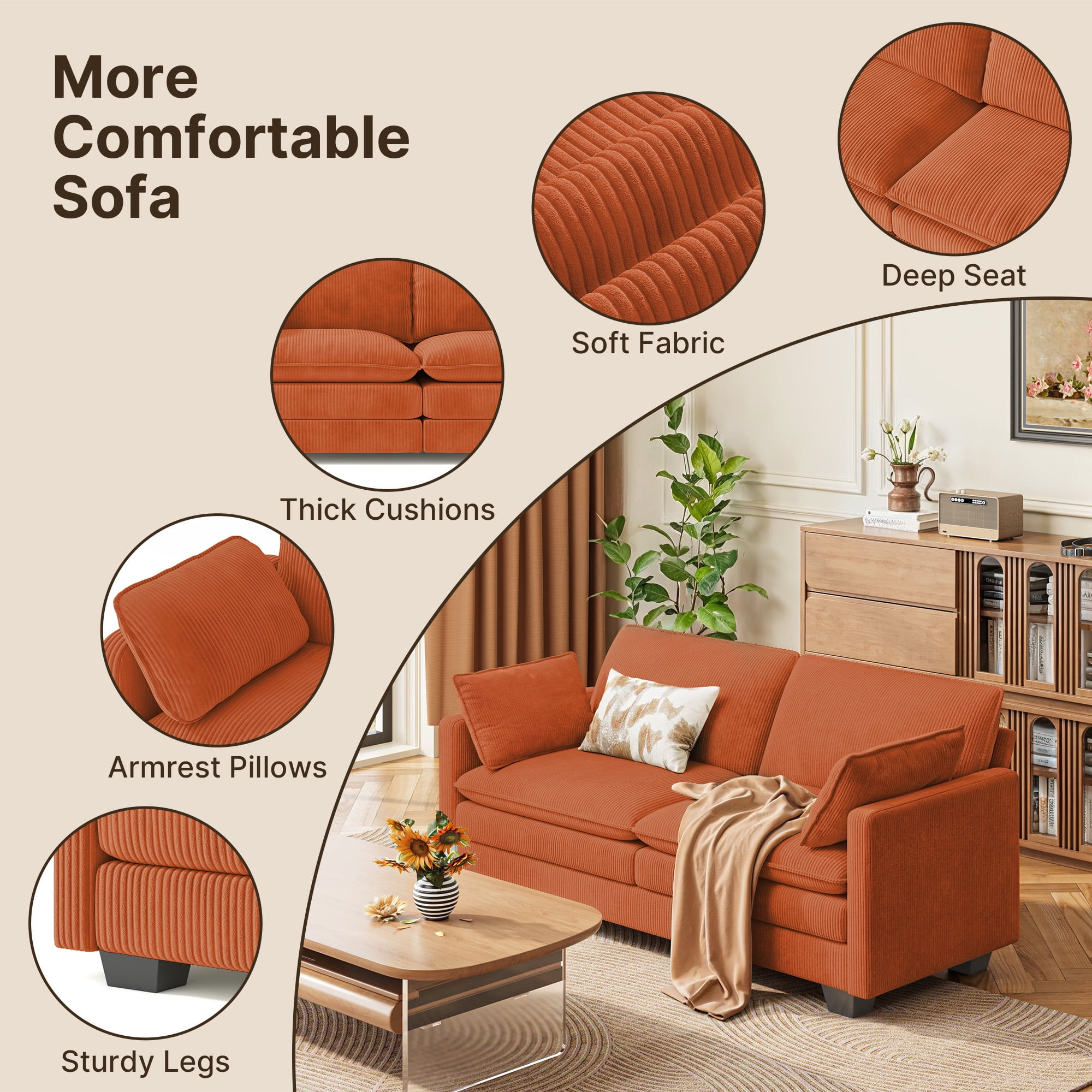 2-Seater Cloud-Like Loveseat Sofa - Double-Layer Upholstered Cushions, Pet-Friendly Corduroy Couch for Bedroom, Living Room & Apartment, Orange