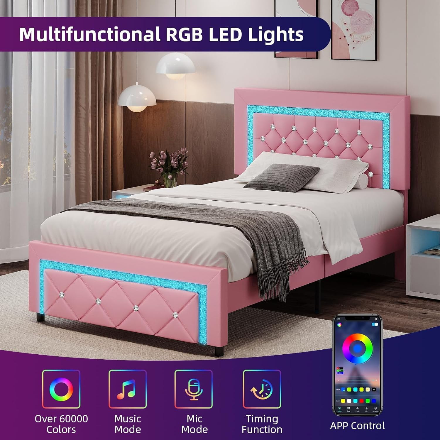 4 EVER WINNER Twin Size LED Bed Frame with Headboard，Upholstered Platform Bed Frame with LED Lights，Diamond Tufted Headboard and Footboard，Pink
