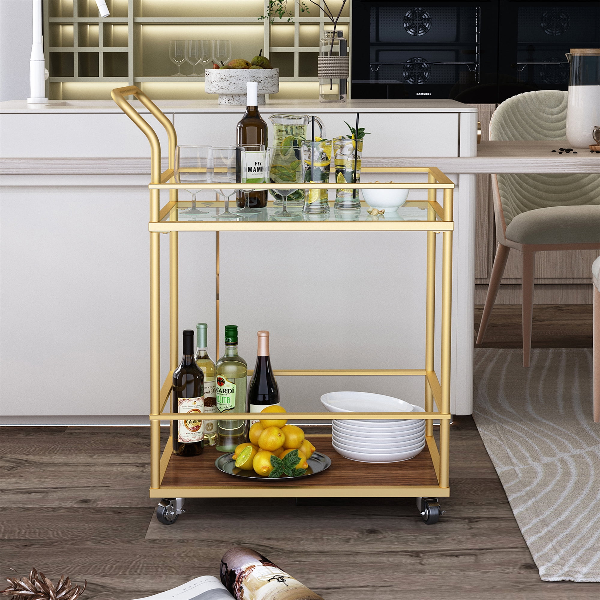 Private Jungle 2-Tier Mobile Metal Bar Serving Cart, Modern Kitchen Island Cart on Wheels, Gold Private Jungle 2-Tier Mobile Metal Bar Serving Cart, Modern Kitchen Island Cart on Wheels, Gold