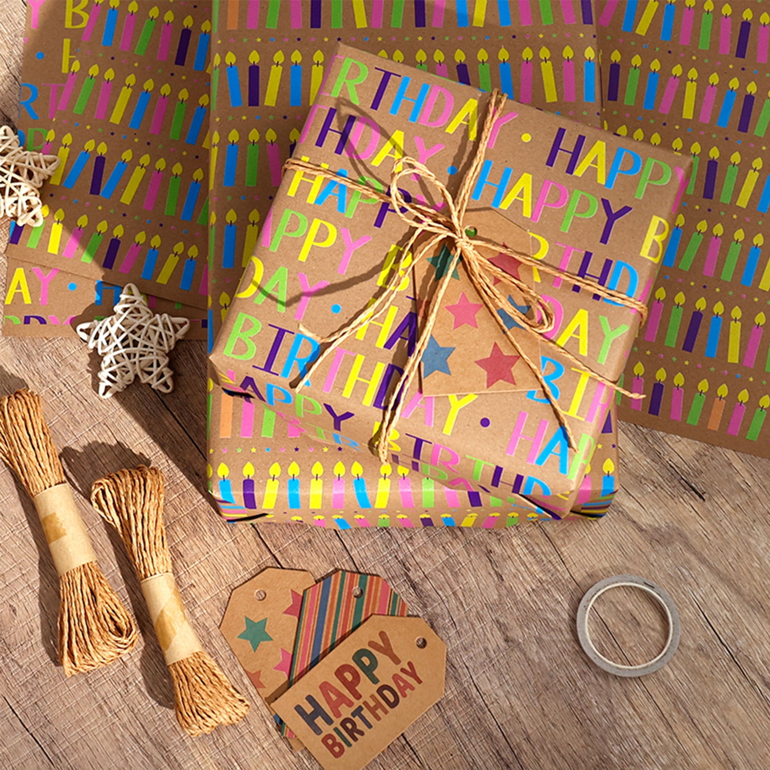 Kraft Birthday Wrapping Paper, Vintage Brown Gift Wrap Paper with Colorful Balloons Candles Happy Birthday for Party - 3 Rolls, 17 inch X 120 inch Each