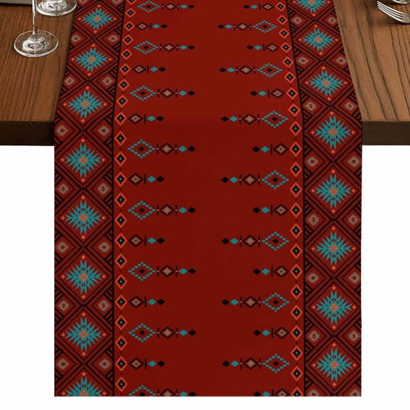 Table Runners 60 Inches Long Dress Scarves, Red Boho Farmhouse Kitchen/Dining Table Runner, Small Coffee Tablerunners, Vintage Ethnic Tribe Abstract Art Retro 13x60 Inch
