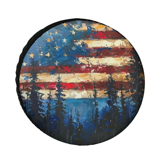 Camper Spare Tire Cover Oil Painting American Flag with Forest Camping Wheel Protectors Tyre Covers Weatherproof Wheel Covers Patriotic Memorial Day Tire Cover 12 Inch