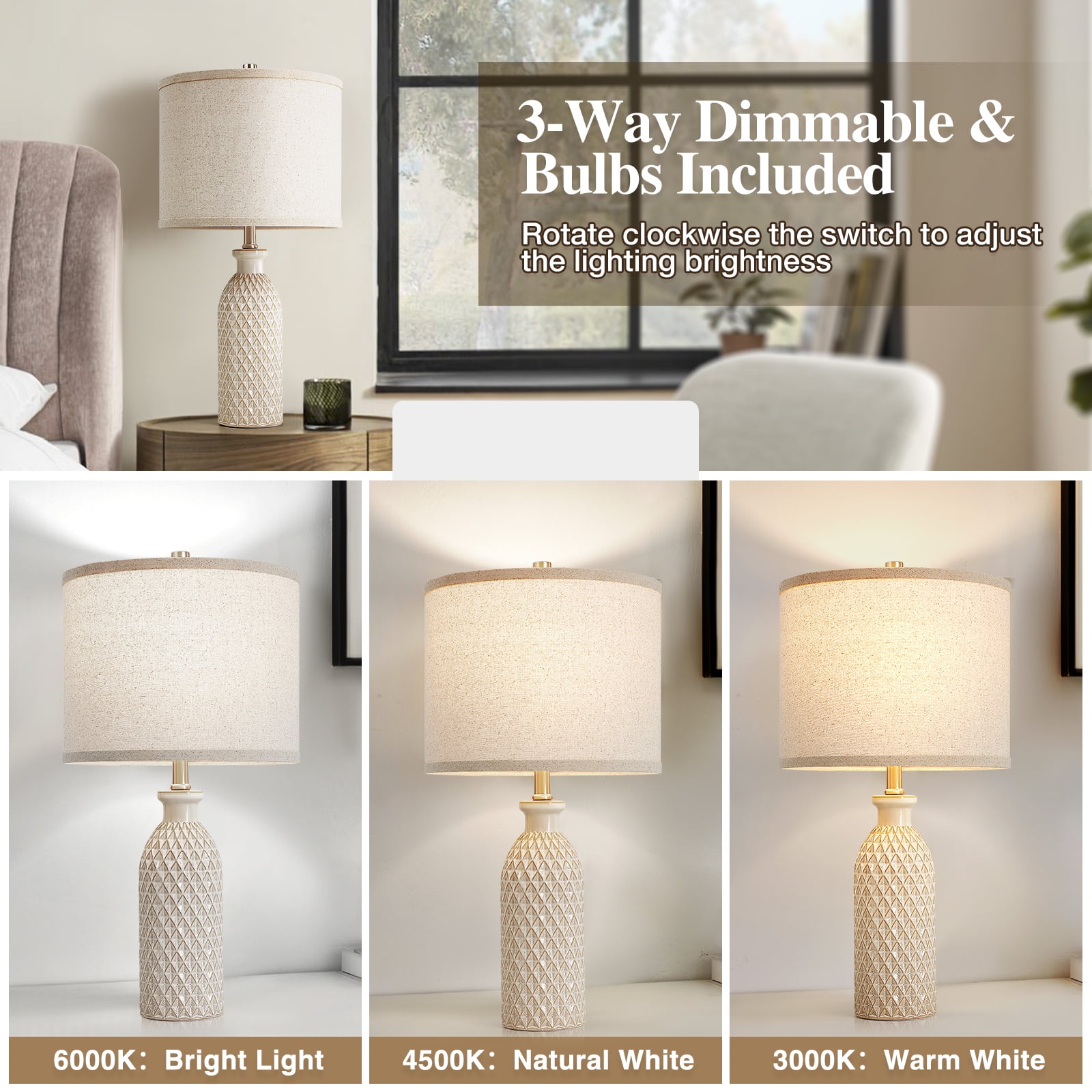 NATYSWAN Ceramic Table Lamps Set of 2, 24.8" Bedside Lamps with 3-Color Temperature, Modern Nightstand Lamp Desk Reading Lamp with Fabric Drum Shade for Bedroom, Living Room, Office, 2 Bulbs Included