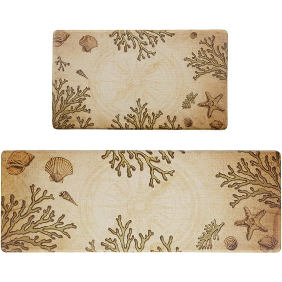 Coastal Kitchen Rugs Sets of 2, Coral Shells Kitchen Mats for Floor, Cushioned Anti Fatigue Mats for Kitchen Floor Mat, Kitchen Rugs Non Slip Washable 18'''' x 48'''' 18'''' x 30''''
