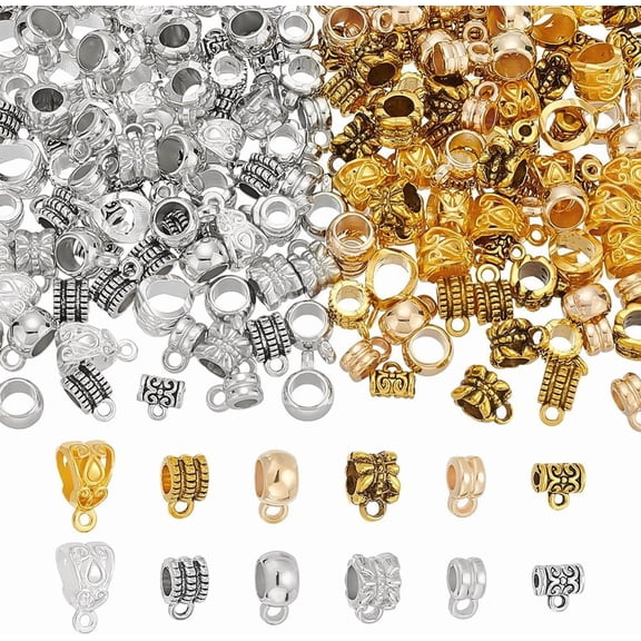 240Pcs 12 Styles Tube Bail Beads for Jewelry Making Tibetan Gold Silver Links Column Bail Spacer Loose Beads Metal Hanger Dangle Connector Charms for DIY Craft Pendant Bracelet Necklace colorful
