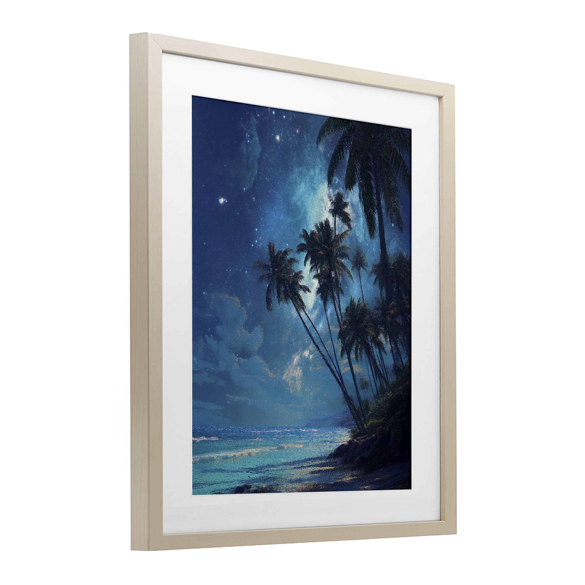 Moonlit Beach Palm Trees Birch Framed Print Under Glass, design by Ziwei Li