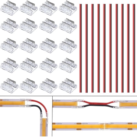 COB LED Connector 2 Pin 8mm Kit, 20pcs Solderless I Shape Connectors, 10pcs 15cm Long 20AWG Extension Wires for Single Color SMD Strip Connection