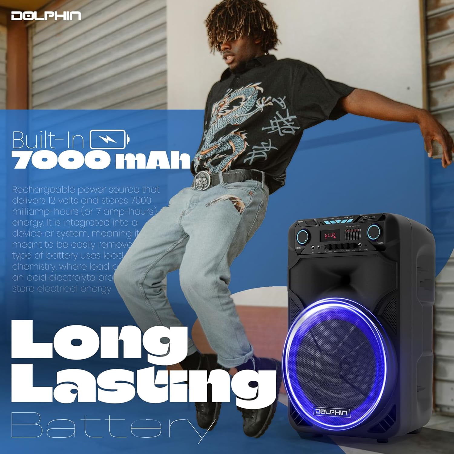 Dolphin SP-1500RBT BoxParty 1500: High Power 15" Woofer w/Loud & DEEP BASS | Portable Party Bluetooth Speaker with Sound Activated Lights