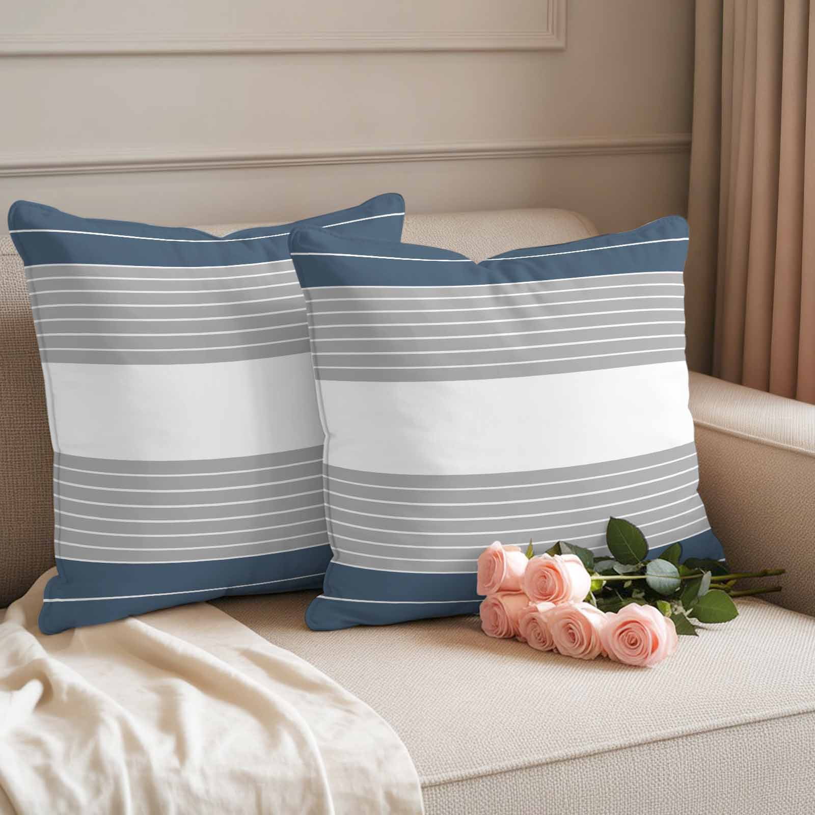 Haze Blue Grey Stripe Outdoor Waterproof Pillow Covers, Modern Art Horizontal Striped Decorative Square Throw Pillowcase Sofa Cushion Sham for Patio/Couch/Chair, 18"x18" 2 Pack