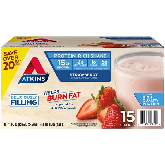 Atkins Gluten Free Protein-Rich Shake, Strawberry, 11 Fluid Ounce (Pack of 15)